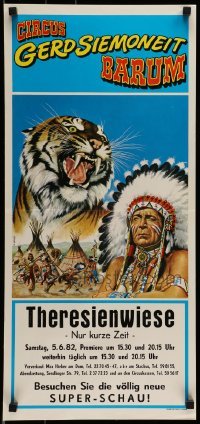 6b092 CIRCUS BARNUM 13x28 Italian circus poster '70s art of snarling tiger and Native Americans!