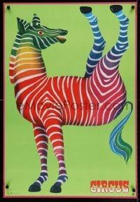 6b813 CYRK 26x38 commercial poster '79 colorful zebra with legs pointing up by Hilscher!