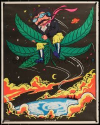 6b878 ONLY WAY TO FLY 23x29 commercial poster '70s pilot flying through clouds on a marijuana leaf
