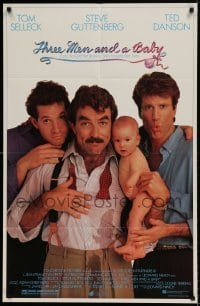 6b773 THREE MEN & A BABY 26x40 video poster '87 Tom Selleck, Ted Danson, Steve Guttenberg!