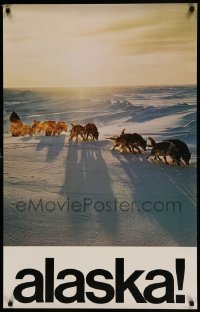 6b060 ALASKA! 24x37 travel poster '69 great image of Siberian Husky dogs pulling man on sled!