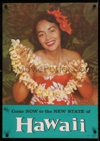 6b065 HAWAII 21x30 travel poster '60s great image of pretty native w/lei!