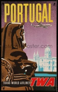 6b085 TWA PORTUGAL 25x40 travel poster '50s art of Lockheed Constellation & monastery!