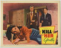 6c683 KILL HER GENTLY LC #2 '58 two men stare at sexy Maureen Connell laying on bed, English noir!