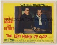 6c701 LEFT HAND OF GOD LC #8 '55 close up of priest Humphrey Bogart holding gun w/ E.G. Marshall!