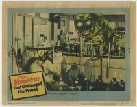6c742 MONSTER THAT CHALLENGED THE WORLD LC #6 '57 great image of creature attacking man in lab!