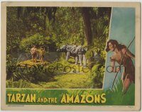 6c910 TARZAN & THE AMAZONS LC '45 Johnny Weissmuller & Johnny Sheffield on raft by elephants!