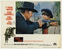 6c946 TRUE GRIT LC #1 '69 John Wayne as Rooster Cogburn aims gun over Kim Darby's shoulder!
