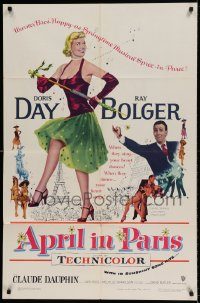 6f045 APRIL IN PARIS 1sh '53 pretty Doris Day and wacky Ray Bolger in France!