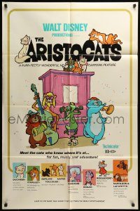 6f048 ARISTOCATS 1sh '71 Walt Disney feline jazz musical cartoon, great colorful art!