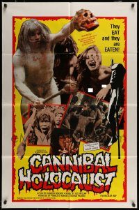 6f126 CANNIBAL HOLOCAUST 1sh '85 rare full-color one-sheet with gruesome image!