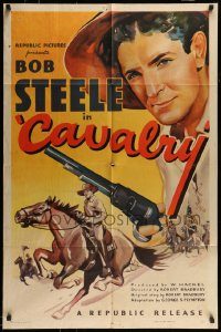 6f137 CAVALRY 1sh '36 cool artwork of cowboy Bob Steele wrestling gun from bad guy!