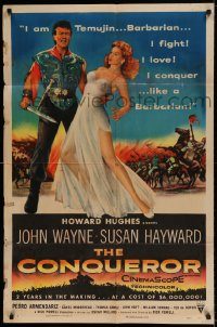 6f162 CONQUEROR style A 1sh '56 barbarian John Wayne grabs half-dressed sexy Susan Hayward!