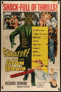 6f175 CREATURE WITH THE ATOM BRAIN 1sh '55 cool sci-fi art of dead man stalking his prey!