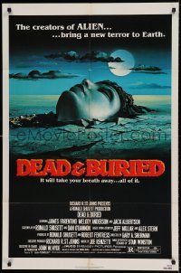 6f192 DEAD & BURIED 1sh '81 really cool horror art of person buried up to the neck by Campanile!