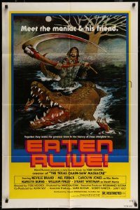 6f241 EATEN ALIVE 1sh '77 Tobe Hooper, wild horror artwork of madman w/scythe & alligator!