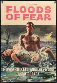 6f297 FLOODS OF FEAR English 1sh '59 art of barechested Howard Keel holding sexy Anne Heywood!