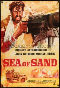 6f733 SEA OF SAND English 1sh '62 Richard Attenborough, cool art of military soldier with huge gun