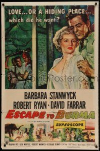 6f253 ESCAPE TO BURMA 1sh '55 Robert Ryan & Barbara Stanwyck in the jungle!
