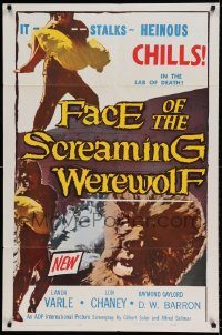 6f268 FACE OF THE SCREAMING WEREWOLF 1sh '64 Lon Chaney Jr. stalks in the lab of death!