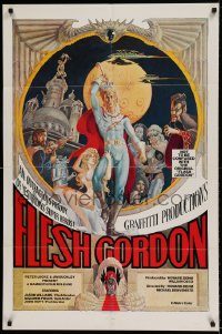 6f295 FLESH GORDON 1sh '74 sexy sci-fi spoof, wacky erotic super hero art by George Barr!