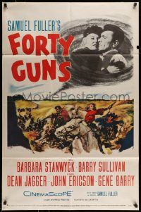 6f308 FORTY GUNS 1sh '57 Samuel Fuller, art of Barbara Stanwyck & Barry Sullivan on horseback!