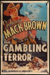 6f321 GAMBLING TERROR 1sh '37 Johnny Mack Brown, Iris Meredith, art of poker cards and chips!