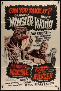 6f322 GAMMERA THE INVINCIBLE/KNIVES OF THE AVENGER 1sh '60s sci-fi horror, can you take it?!