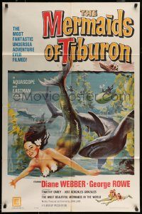 6f538 MERMAIDS OF TIBURON 1sh '62 art of sexy mermaid & shark, plunge into undersea adventure!