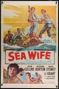 6f734 SEA WIFE 1sh '57 great castaway art of sexy Joan Collins & Richard Burton on raft at sea!
