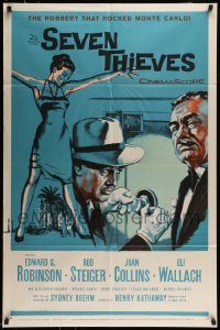 6f742 SEVEN THIEVES 1sh '59 cool art of Edward G. Robinson, Rod Steiger & sexy Joan Collins!