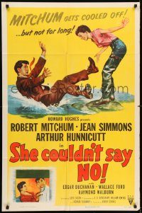 6f749 SHE COULDN'T SAY NO style A 1sh '54 sexy short-haired Jean Simmons, Dr. Robert Mitchum