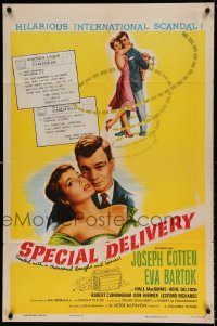 6f784 SPECIAL DELIVERY style B 1sh '55 Cotten & Eva Bartok in a hilarious international scandal!