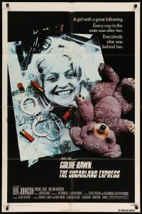 6f808 SUGARLAND EXPRESS 1sh '74 Steven Spielberg, photo of Goldie Hawn under gun, teddy bear!