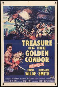 6f898 TREASURE OF THE GOLDEN CONDOR 1sh '53 art of Cornel Wilde grabbing girl & attacked by snake!