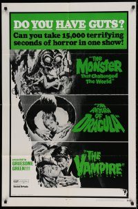 6f900 DO YOU HAVE GUTS 1sh '71 monster & vampire triple-bill, 15,000 terrifying seconds of horror!