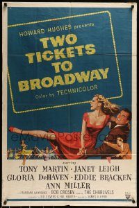 6f917 TWO TICKETS TO BROADWAY 1sh '51 great artwork of Janet Leigh & Tony Martin, Howard Hughes!