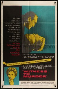 6f977 WITNESS TO MURDER 1sh '54 no one believes what Barbara Stanwyck saw except for the murderer!