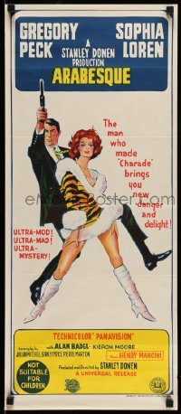 6g782 ARABESQUE Aust daybill '66 Gregory Peck, sexy Sophia Loren, ultra mod, ultra mystery!