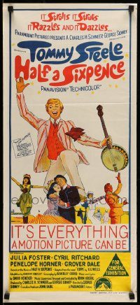 6g861 HALF A SIXPENCE Aust daybill '67 art of smiling Tommy Steele with banjo, from H.G. Wells novel
