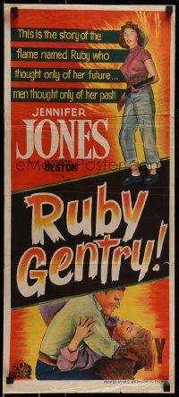 6g947 RUBY GENTRY Aust daybill '53 artwork of super sleazy bad girl Jennifer Jones w/rifle!
