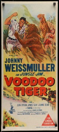 6g991 VOODOO TIGER Aust daybill '52 great art of Johnny Weissmuller as Jungle Jim vs big cats!