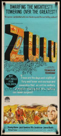 6g999 ZULU Aust daybill '64 Stanley Baker & Michael Caine English classic, dwarfing the mightiest!
