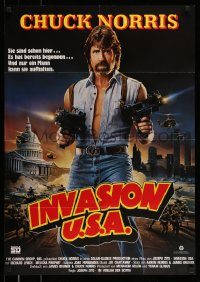 6g677 INVASION U.S.A. German '85 great artwork of Chuck Norris with machine guns by Watts!