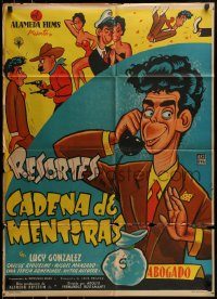 6g378 CADENA DE MENTIRAS Mexican poster '55 wacky cartoon art of comedian Resortes by Cabral!