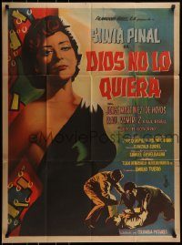 6g393 DIOS NO LO QUIERA Mexican poster '57 great art of sexy Silvia Pinal, crime action!