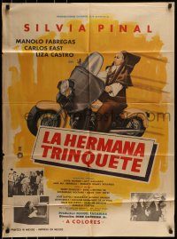 6g463 LA HERMANA TRINQUETE Mexican poster '70 great art of nun driving motorcycle!