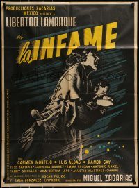 6g464 LA INFAME Mexican poster '54 cool artwork of mother running & holding child by Josep Renau!
