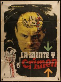 6g469 LA MENTE Y EL CRIMEN Mexican poster '64 wild bloody crime artwork, Alejandro Galindo!