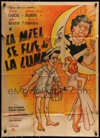 6g470 LA MIEL SE FUE DE LA LUNA Mexican poster '52 wacky art of couple arguing under worried moon!